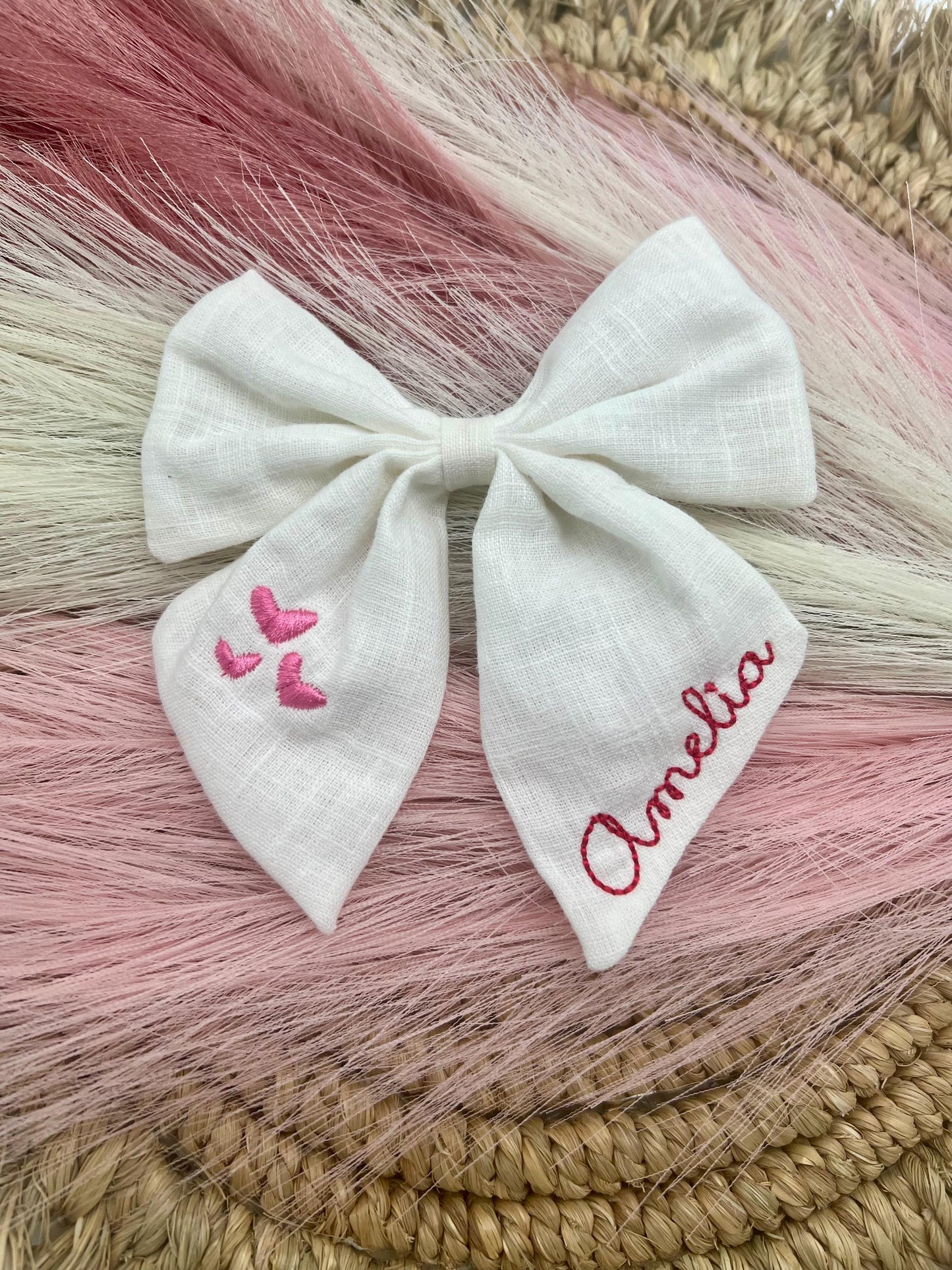 Personalized Hair Bow with Name and Hearts Linen Hair Bow Embroidered Valentines Bow Custom Name Personalized Hair Bow with Hearts