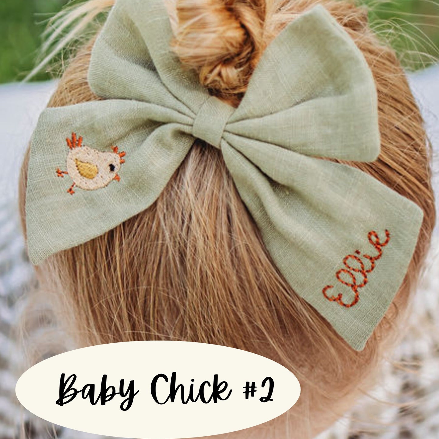 Personalized Linen Hair Bow: Embroidered Baby Chick Bow with Name
