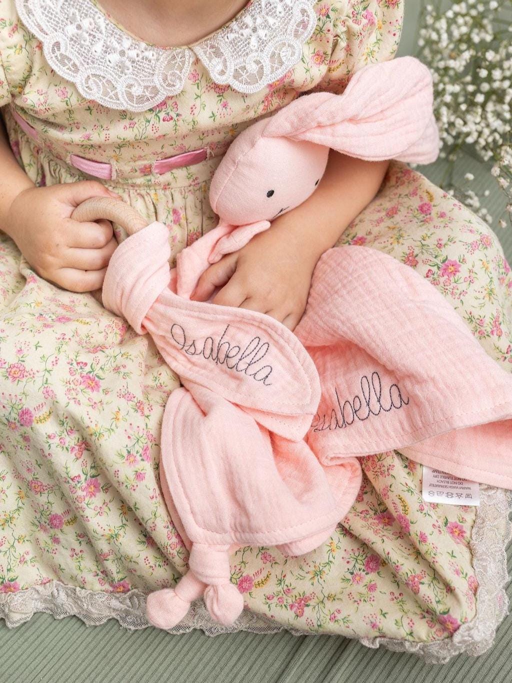 Personalized Lovey for Babies  - Organic Muslin Blanket Bunny Lovey - Custom Baby Lovie - Security Blanket with Name - Embroidered Blanket