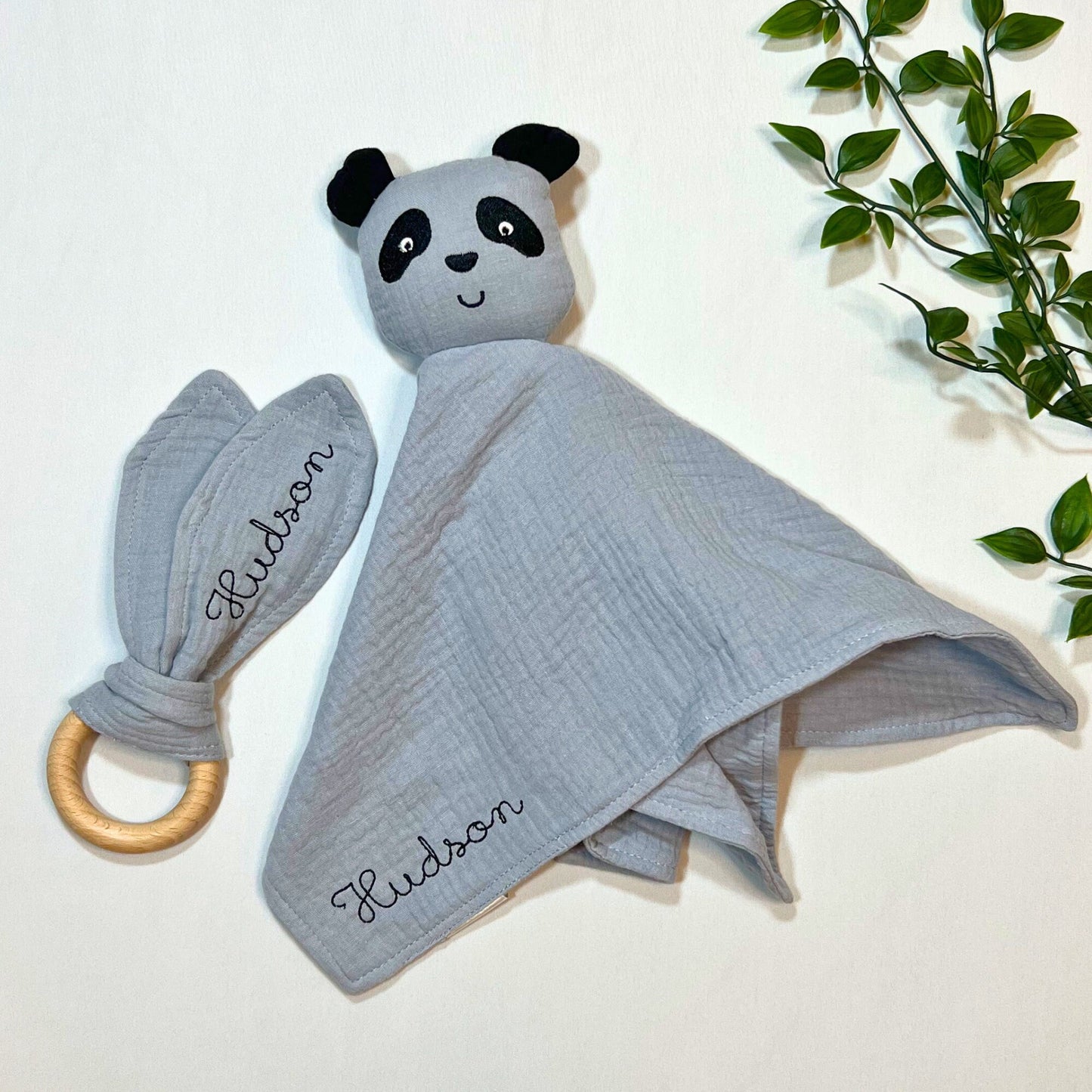 Personalized Panda Bear Lovey Teething Ring Set Custom Baby Shower Gift Embroidered Organic Cotton Lovey Panda Nursery Decor Baby Boy Gift
