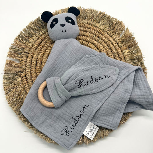 Personalized Gray Panda Lovey, Blanket & Teether Gift Set