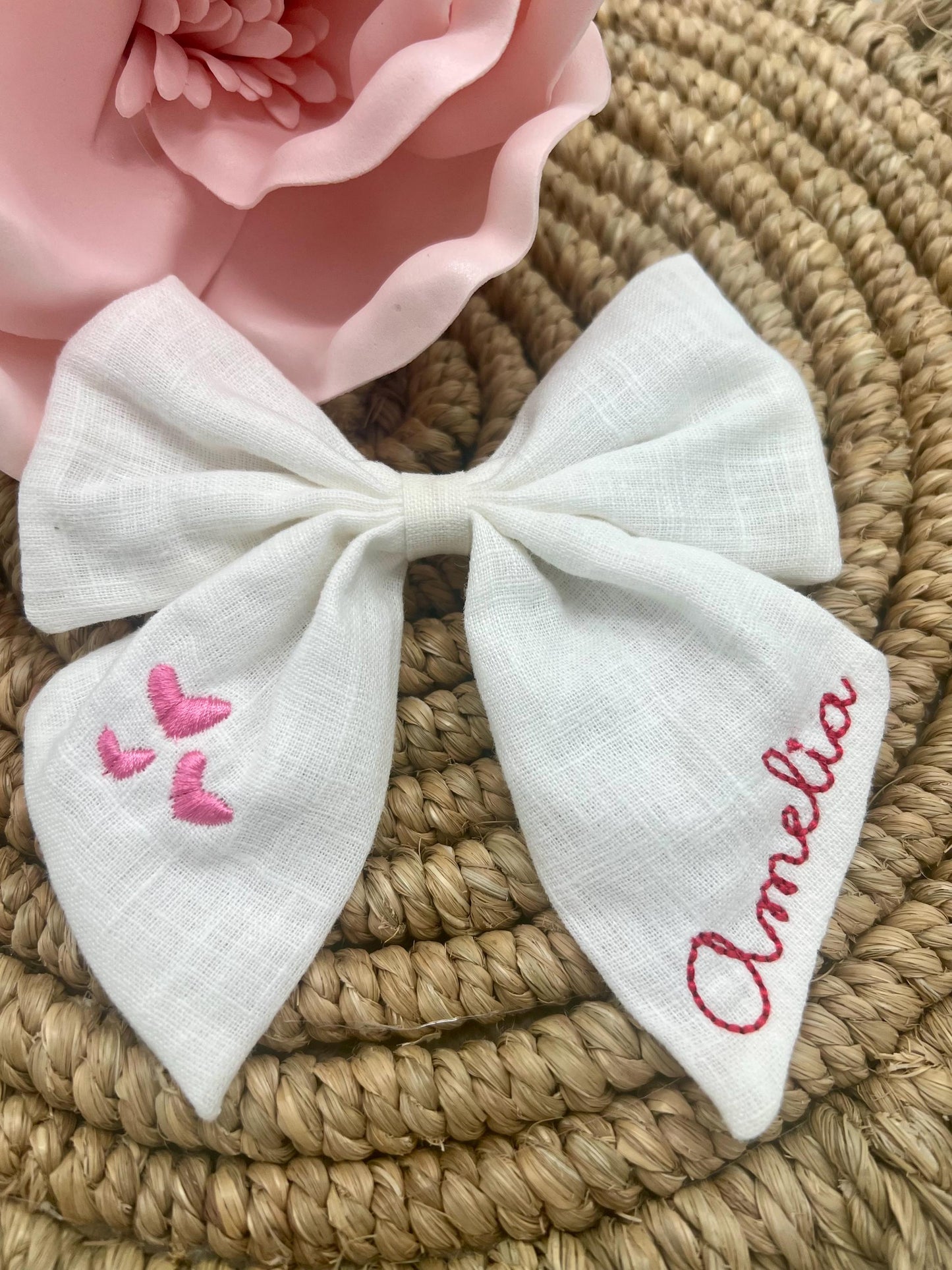 Valentines Bow Personalized Hair Bow with Name Linen Hair Bow Embroidered Valentines Bow Custom Name Personalized Hair Bow with Hearts