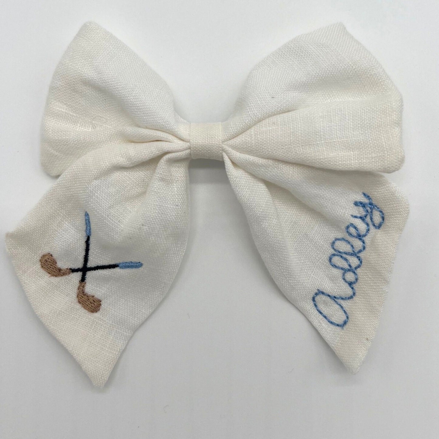 Monogrammed Golf Hair Bow for Girls Custom Personalized Bow with Name Linen Hair Bow Embroidered Golf Clip Custom Name Bow Hair Bow