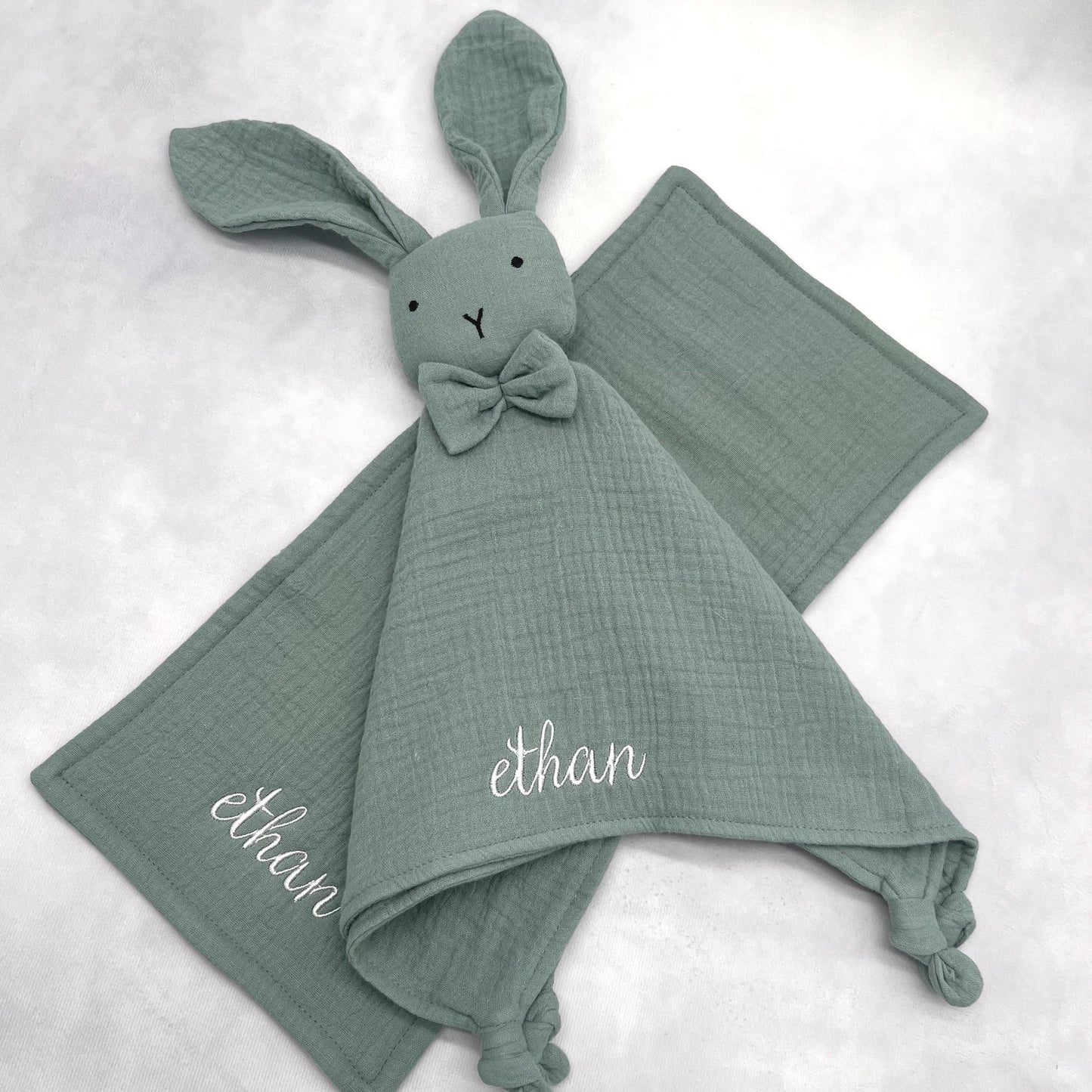 Personalized Baby Shower Gift Embroidered Organic Muslin Cotton Bunny Lovey & Burp Cloth Gift Set Baby Toy Personalized Lovey