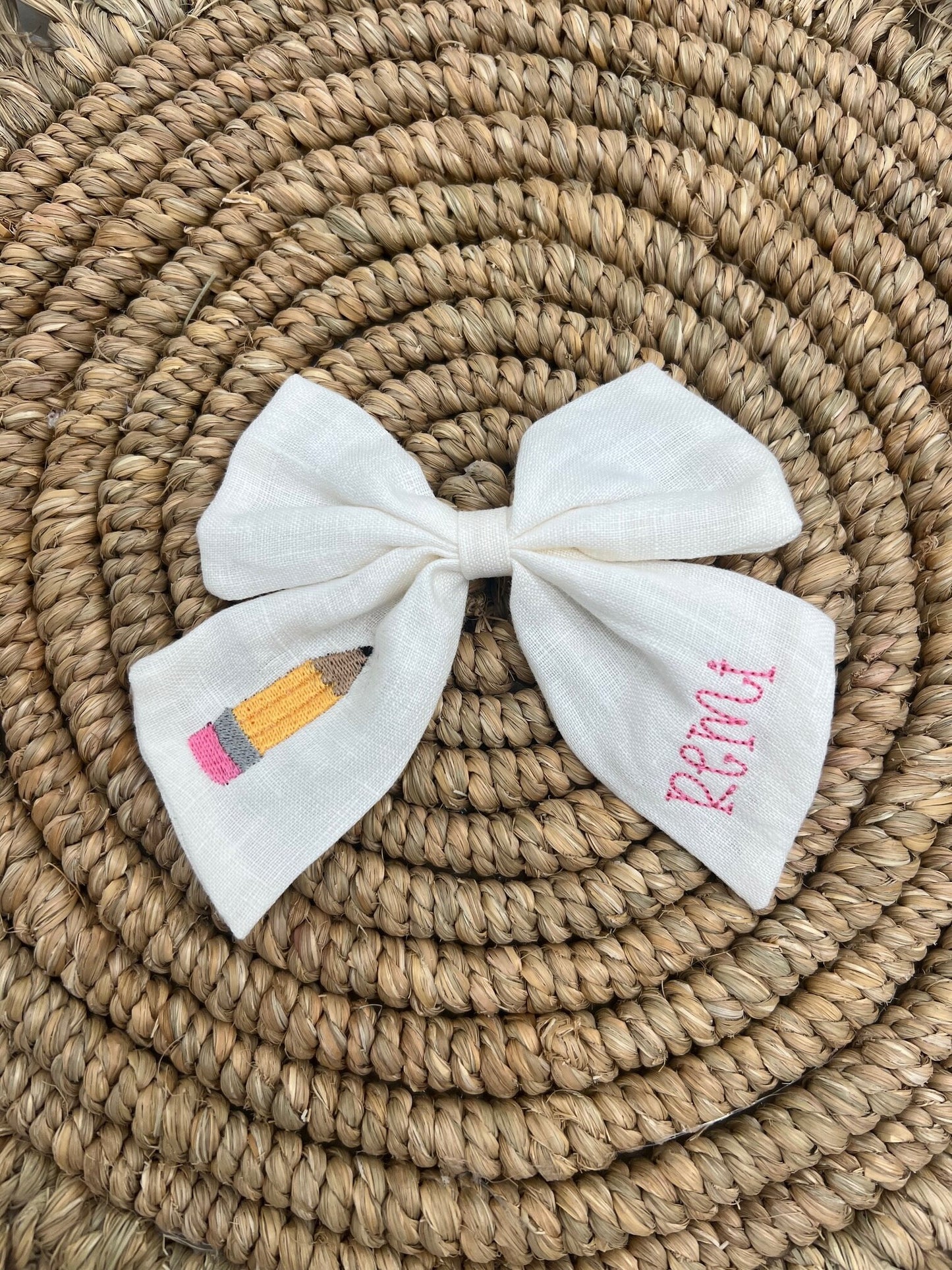 School Personalized Bow with Name Linen Hair Bow School Hair Bow Custom Name Bow Pencil Monogrammed Hair Bow Girls Hair Bow Pre-School