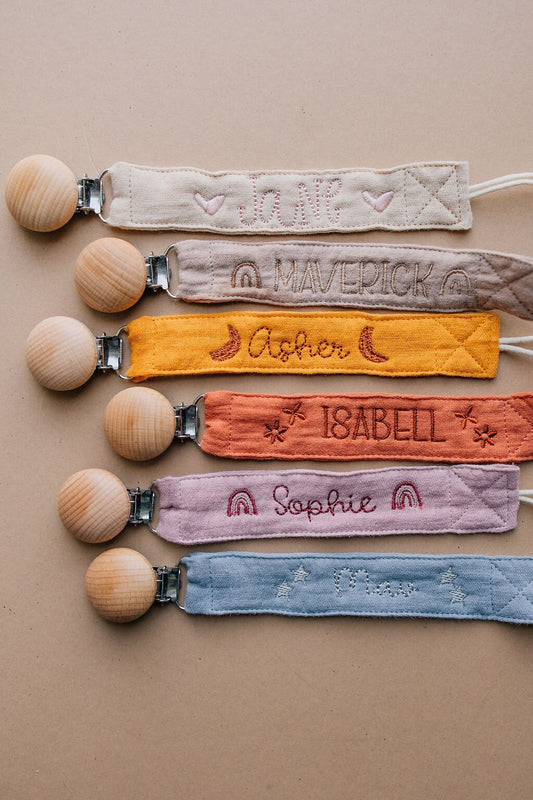 Personalized Baby Shower Gift Pacifier Clip with Name Custom Pacifier Holder Embroidered Paci Clip Binky Clip Boho Baby Neutral Baby Gift