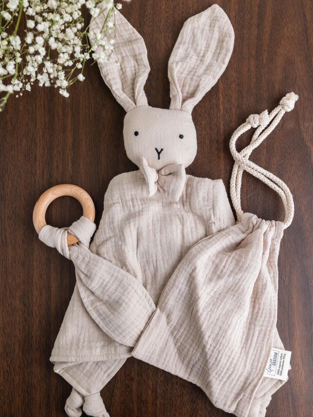 Personalized Lovey for Babies  - Organic Muslin Blanket Bunny Lovey - Custom Baby Lovie - Security Blanket with Name - Embroidered Blanket