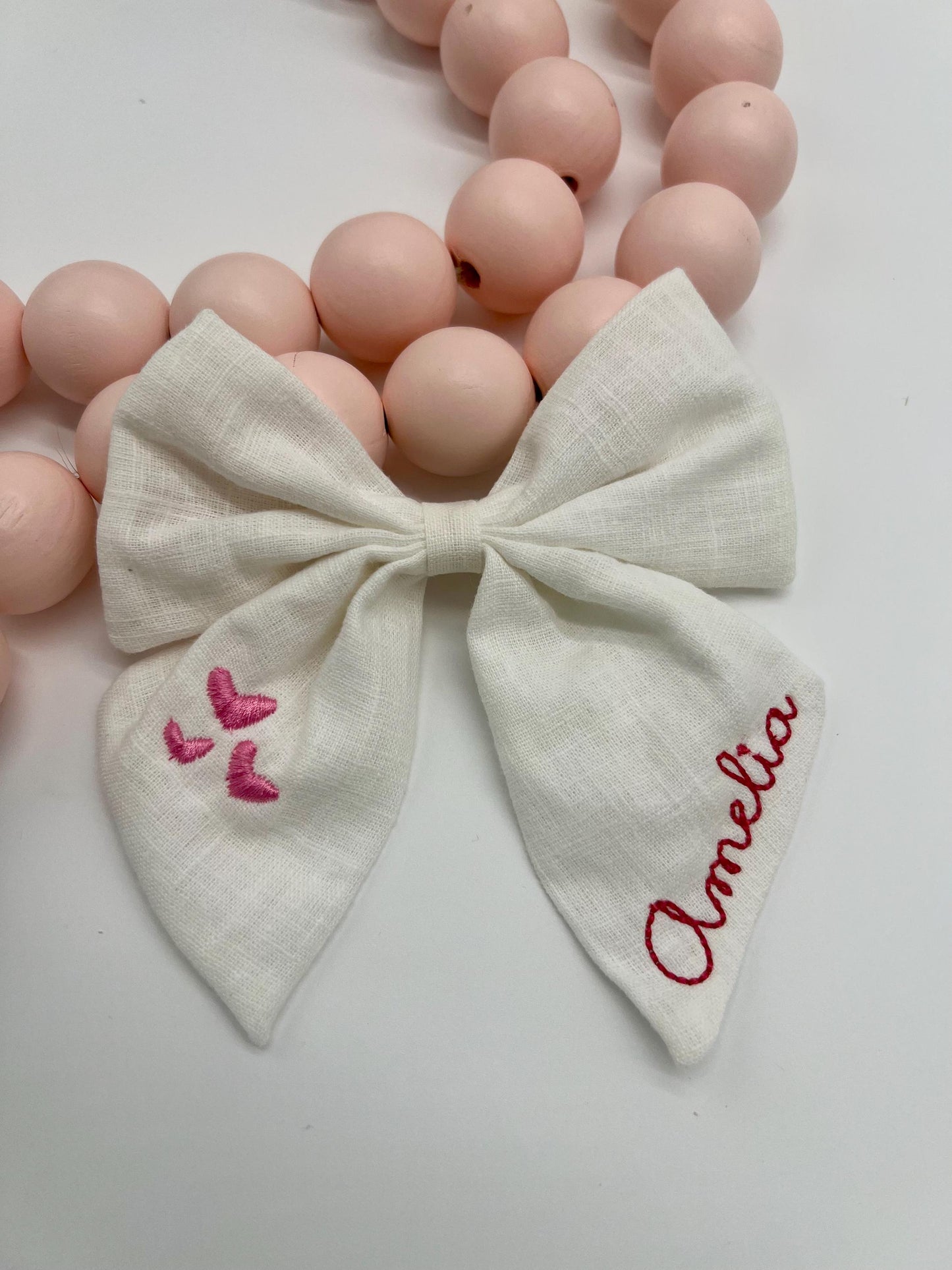 Valentines Day Hair Bow Personalized Bow with Name Linen Hair Bow Embroidered Valentines Bow Custom Name Personalized Hair Bow with Hearts