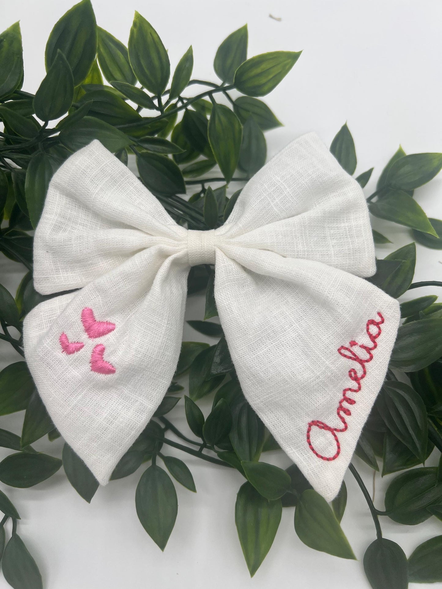 Valentines Day Hair Bow Personalized Bow with Name Linen Hair Bow Embroidered Valentines Bow Custom Name Personalized Hair Bow with Hearts