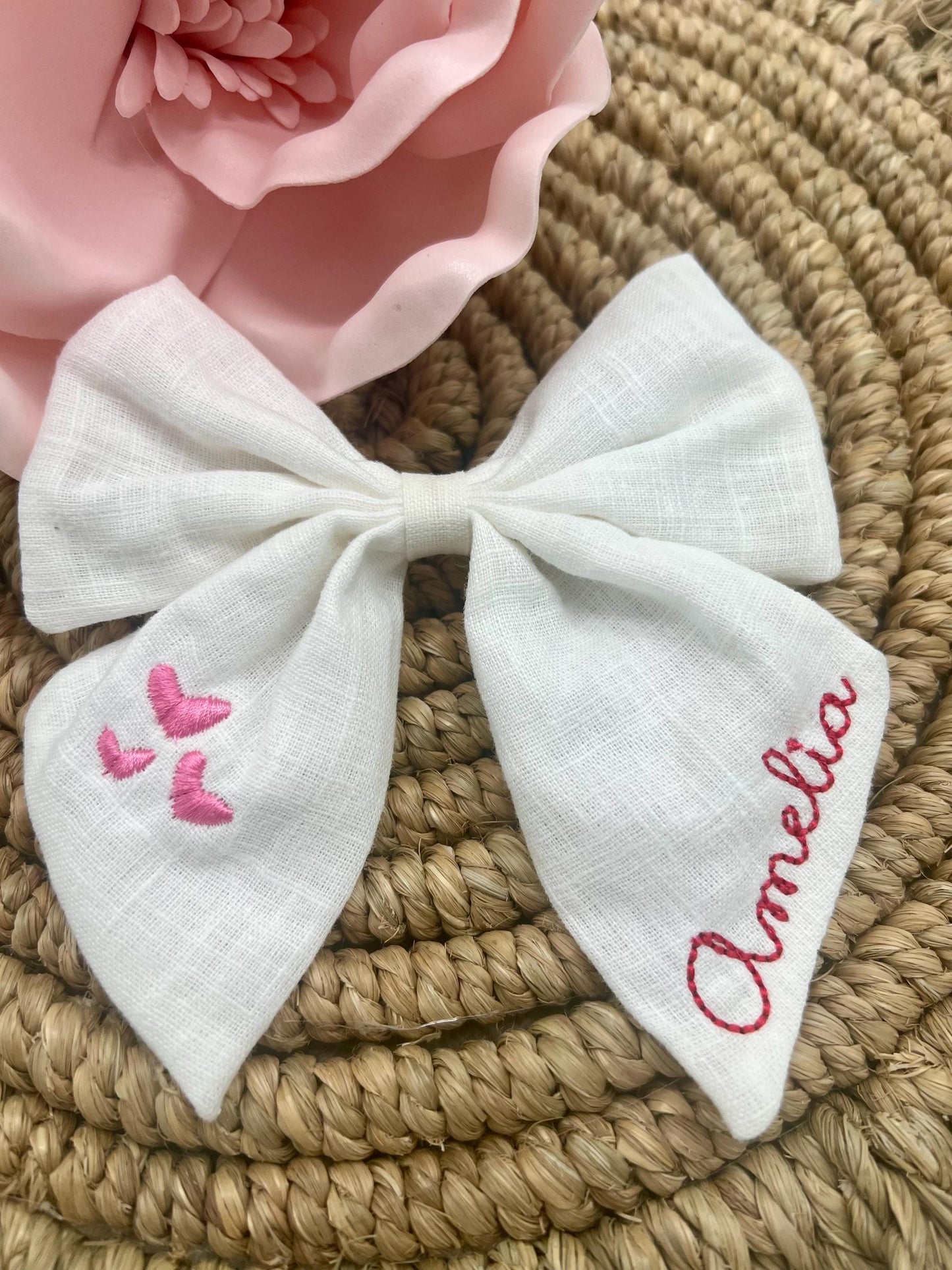 Valentines Day Hair Bow Personalized Bow with Name Linen Hair Bow Embroidered Valentines Bow Custom Name Personalized Hair Bow with Hearts