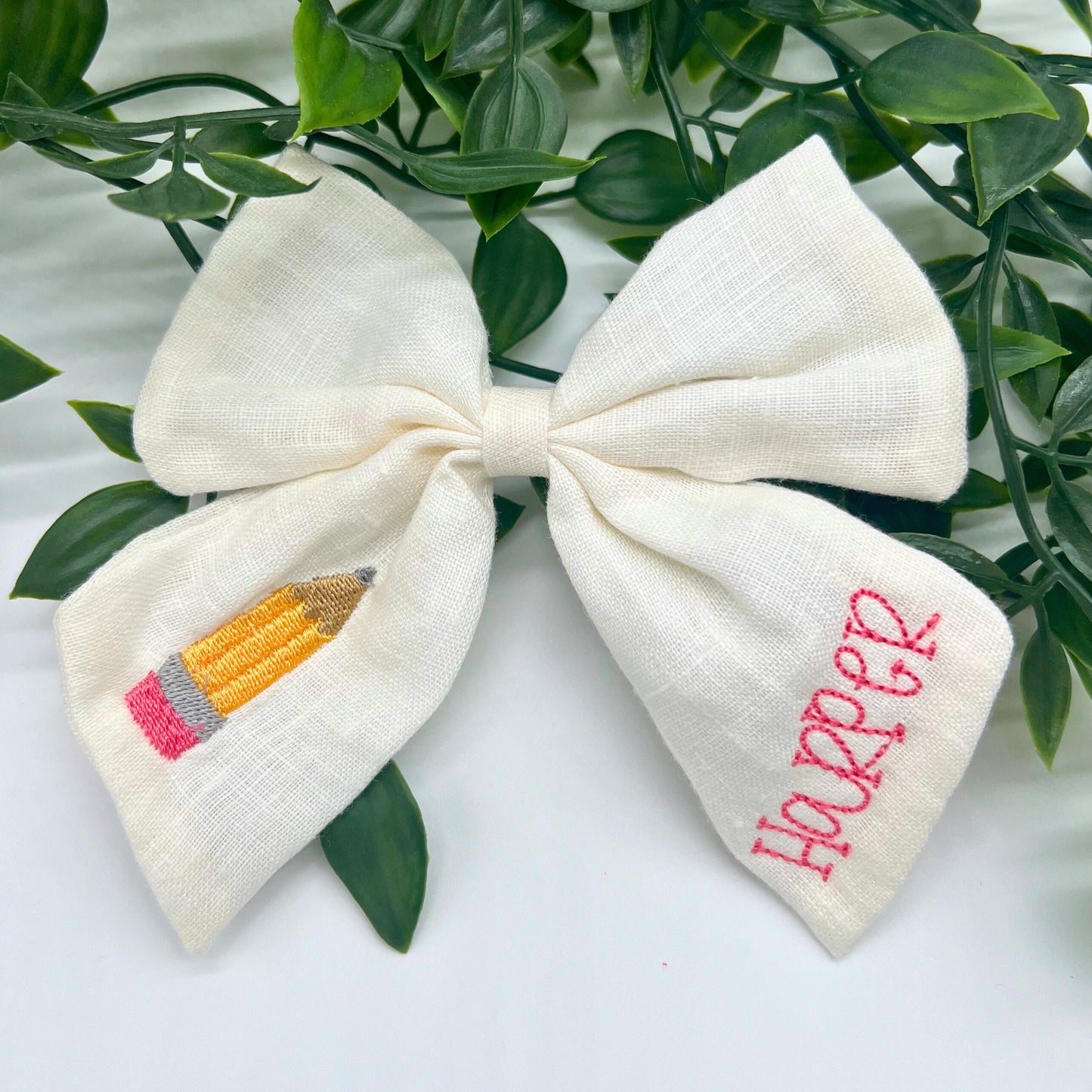 School Personalized Bow with Name Linen Hair Bow School Hair Bow Custom Name Bow Pencil Monogrammed Hair Bow Girls Hair Bow Pre-School