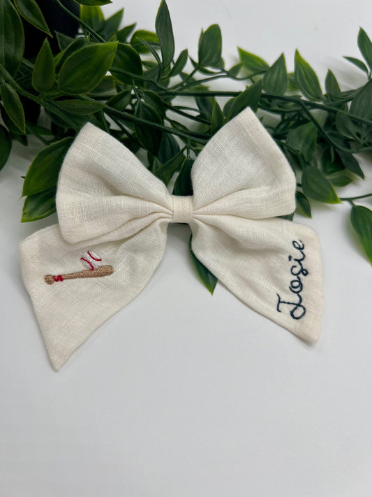 Baseball Hair Bow Personalized Bow with Name Linen Hair Bow Embroidered Baseball Sister Bow Sports Bow for Girls Matching Bows