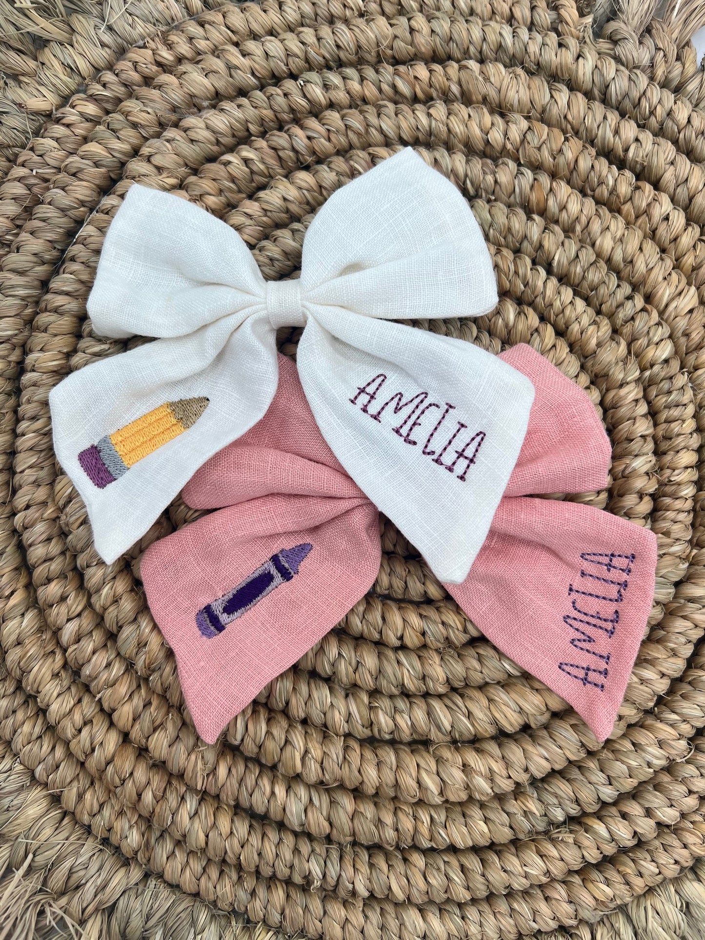 School Personalized Bow with Name Linen Hair Bow School Hair Bow Custom Name Bow Pencil Monogrammed Hair Bow Girls Hair Bow Pre-School