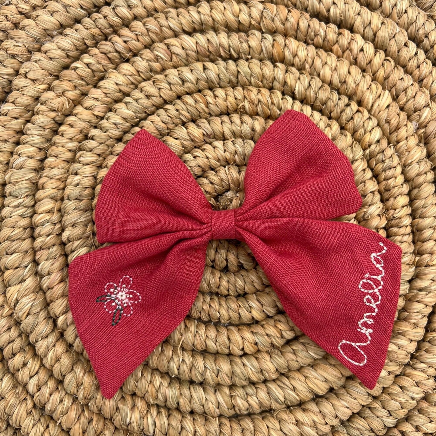 Personalized Bow with Name Linen Hair Bow Embroidered Hair Clip for Girls with Flowers Custom Name Bow Monogrammed Hair Bow Girls Hair Bow