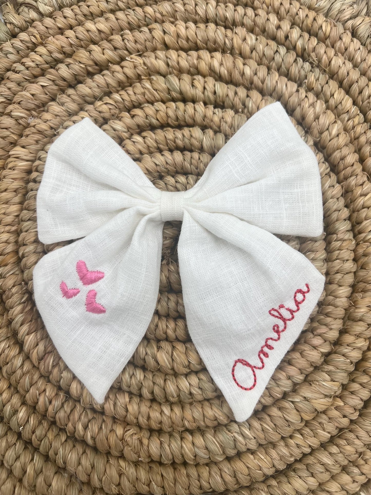 Valentines Bow Personalized Hair Bow with Name Linen Hair Bow Embroidered Valentines Bow Custom Name Personalized Hair Bow with Hearts