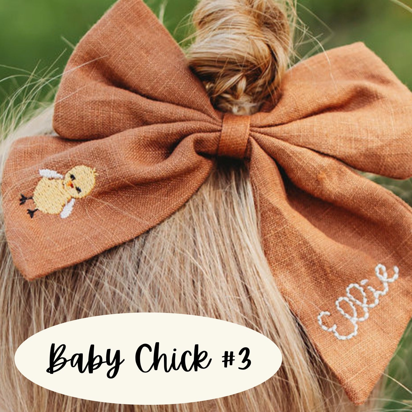 Personalized Linen Hair Bow: Embroidered Baby Chick Bow with Name