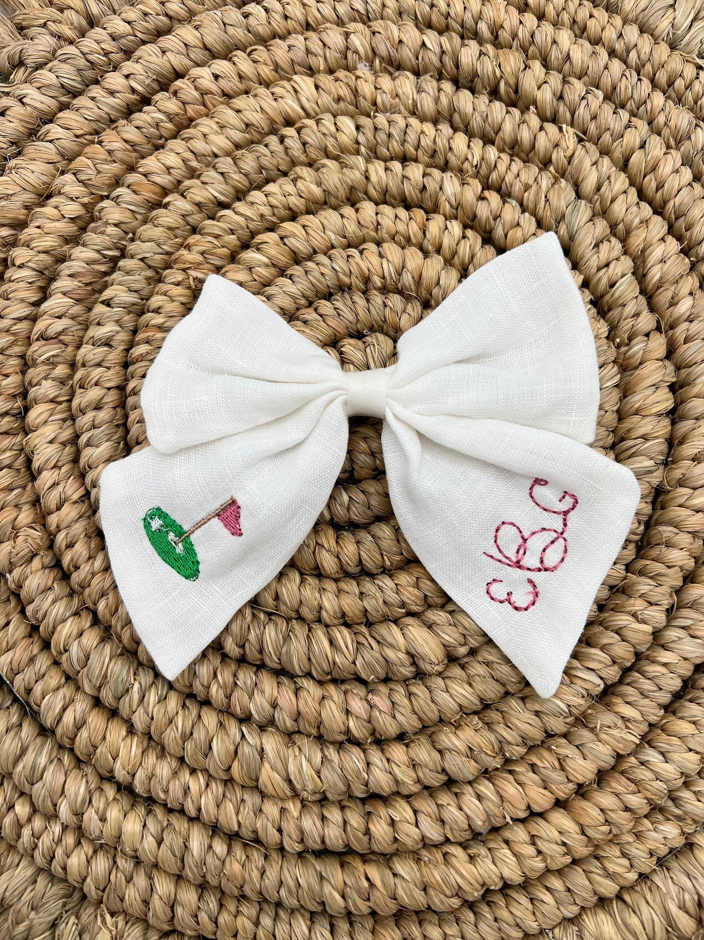 Monogrammed Golf Hair Bow for Girls Custom Personalized Bow with Name Linen Hair Bow Embroidered Golf Clip Custom Name Bow Hair Bow