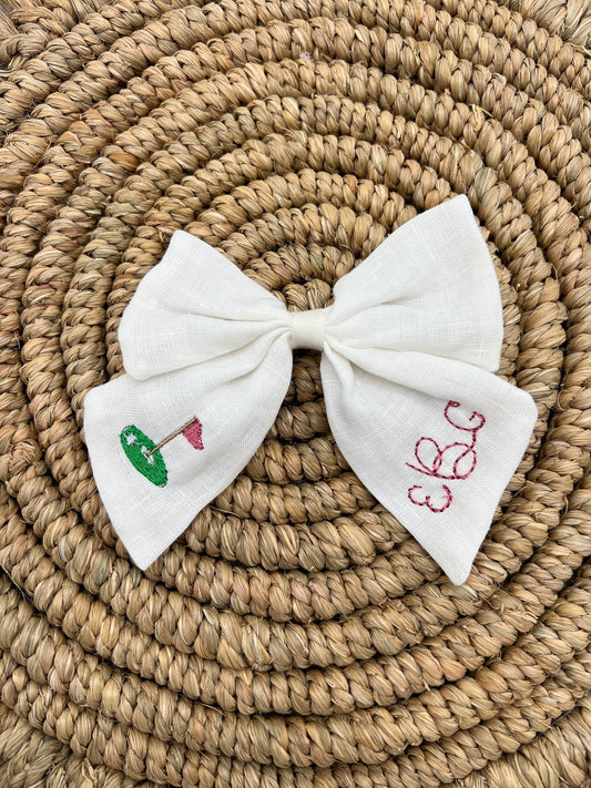 Monogrammed Golf Hair Bow for Girls Custom Personalized Bow with Name Linen Hair Bow Embroidered Golf Clip Custom Name Bow Hair Bow