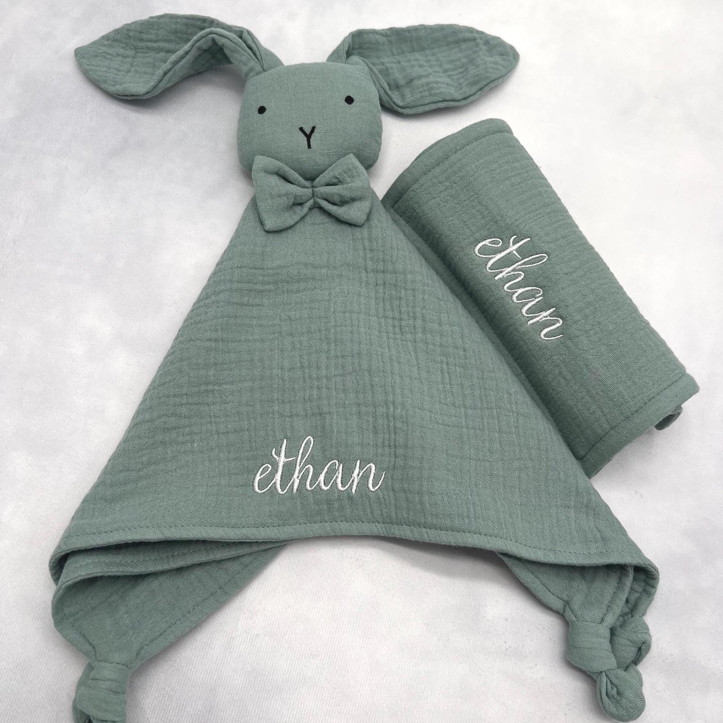 Personalized Baby Shower Gift Embroidered Organic Muslin Cotton Bunny Lovey & Burp Cloth Gift Set Baby Toy Personalized Lovey