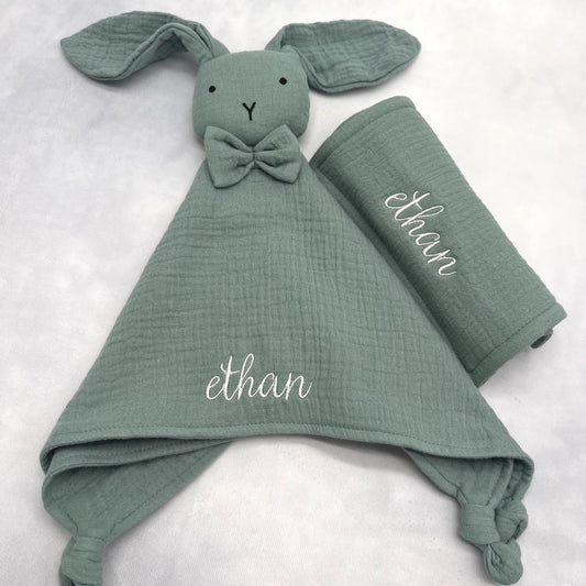 Personalized Baby Shower Gift Embroidered Organic Muslin Cotton Bunny Lovey & Burp Cloth Gift Set Baby Toy Personalized Lovey